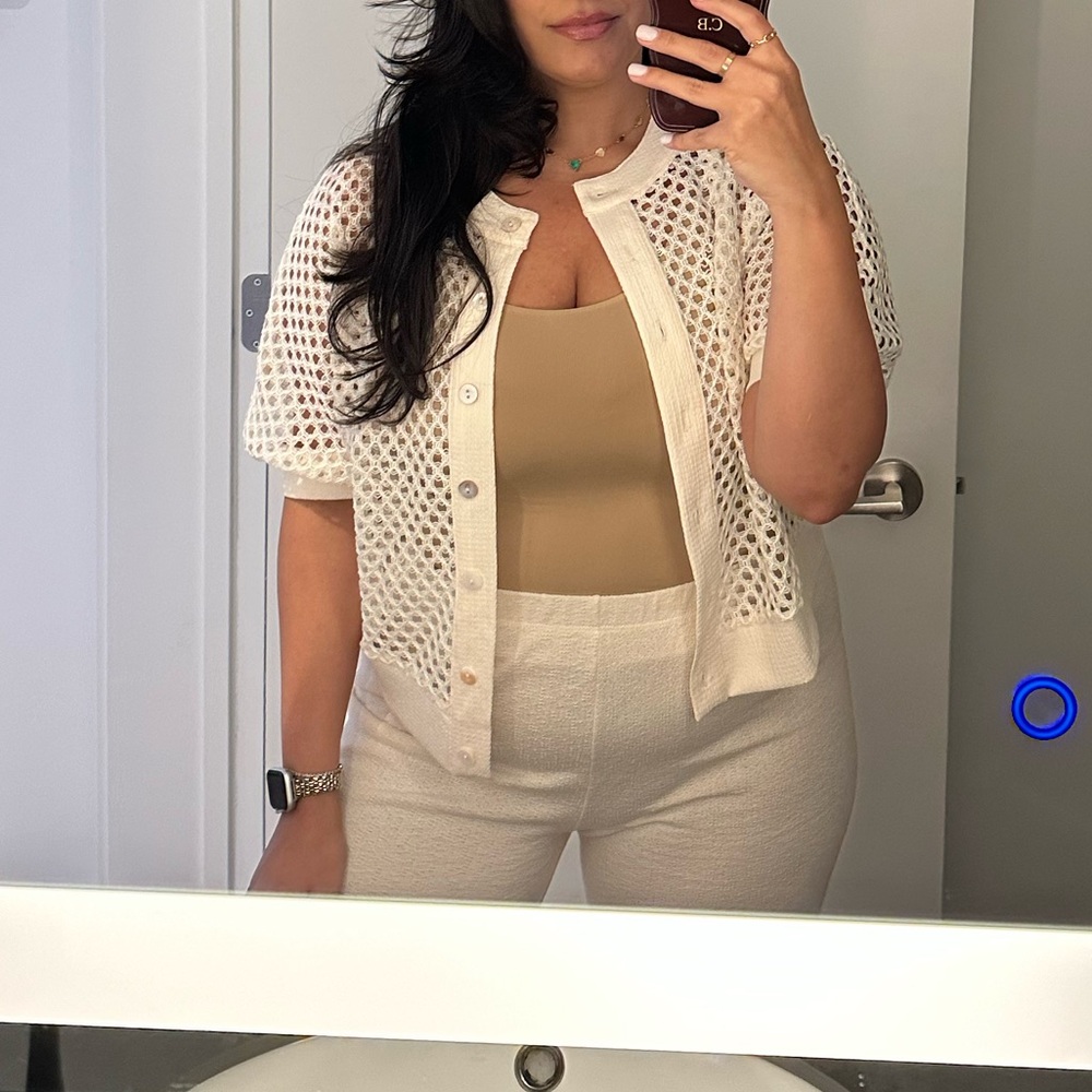 Cream Open-Knit Short Sleeve Cardigan